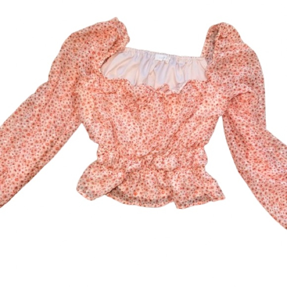 Lush Pink Floral Blouse with Puff Long Sleeve Flirty Girl-core Feminine XS